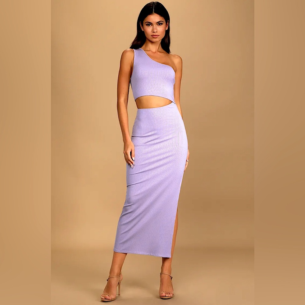 NWT lulus spice things up lavender ribbed one shoulder cut out midi dress